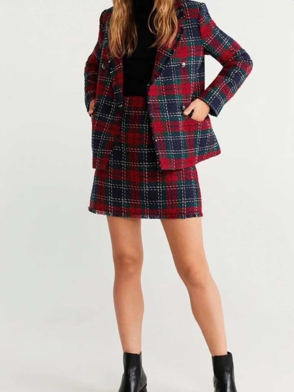 Mango Plaid Blazer + Skirt Set